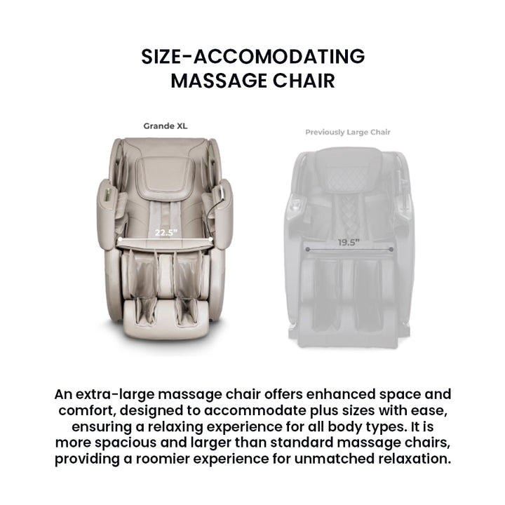 Titan Grande XL 3D Massage Chair compared to standard chair, showing wider 22.5” seat for plus-size comfort from Wish Rock Relaxation.