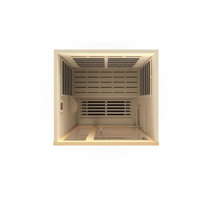 Dynamic Llumeneres 2-Person Ultra Low EMF FAR Infrared Sauna - Canadian Hemlock Clean overhead view highlighting the spacious two-person layout and heating zones of the sauna interior.