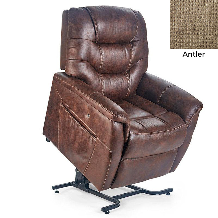 UltraComfort UC476-M Marabella Explorer 4 Zone Zero Gravity Power Lift Chair with Antler swatch fabric sample shown in the upper right corner.