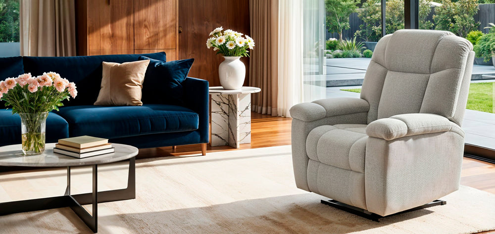 UltraComfort™ UC477 Venice Large 5-Zone Power Lift Chair in cream displayed in a modern living room, from Wish Rock Relaxation.