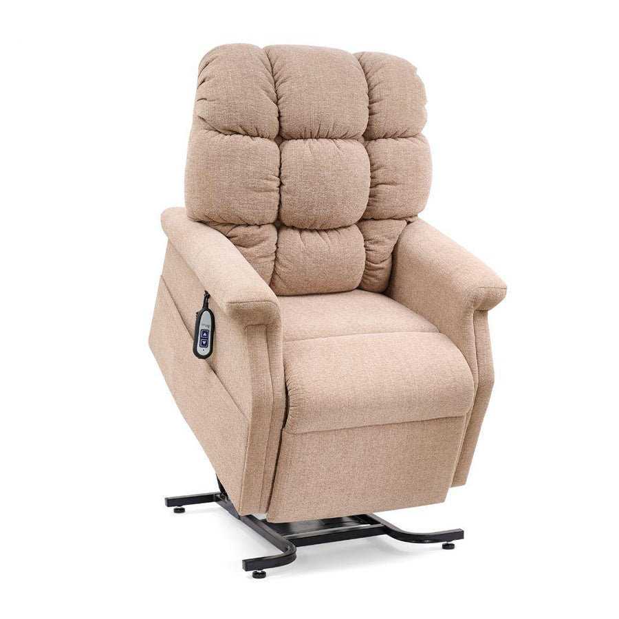 UltraComfort UC480 Aurora Medium 1 Zone 3-Position Lift Chair (400lbs)  in Sandstorm shown in lift position with two-button remote for easy stand-assist
