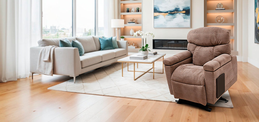 UltraComfort™ UC566 Maya Small 4-Zone Power Lift Chair in maize shown in a modern living room from Wish Rock Relaxation.