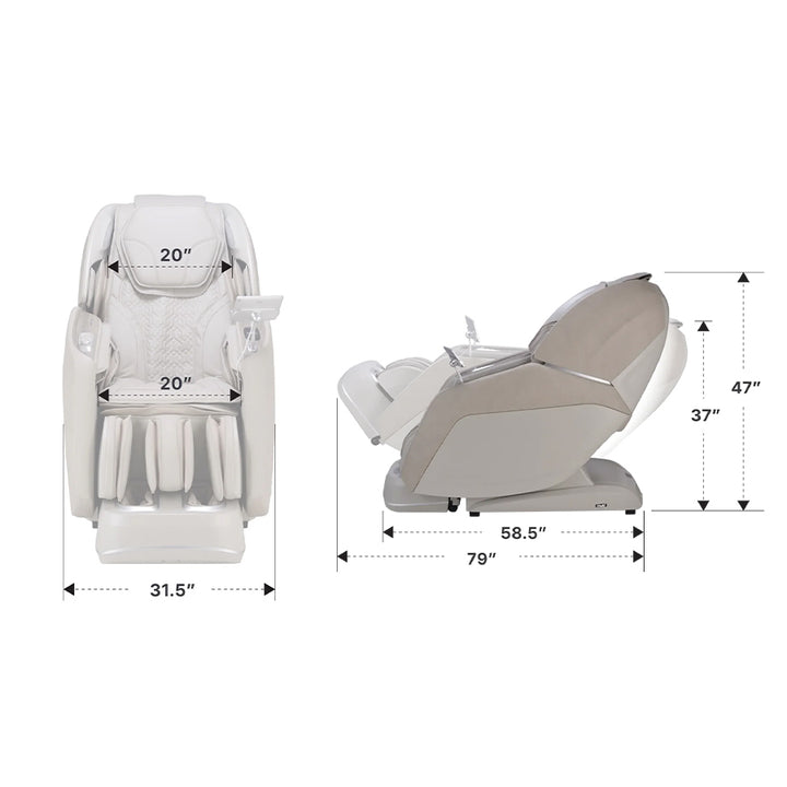 Osaki Manhattan Duo Mech 4D Massage Chair in taupe with full dimensions in upright and reclined positions from Wish Rock Relaxation