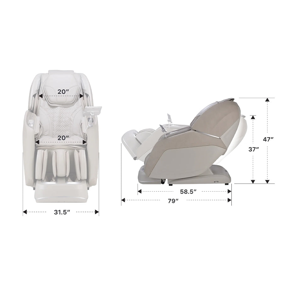 Osaki Manhattan Duo Mech 4D Massage Chair in taupe with full dimensions in upright and reclined positions from Wish Rock Relaxation