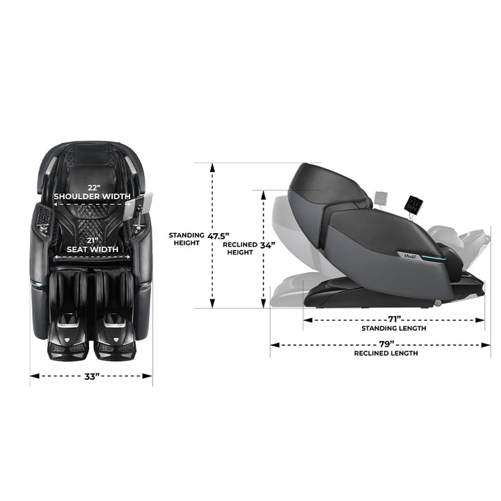 Osaki Trion Flex Duo 4D+3D Massage Chair in black. Dimension chart showing height, width, and reclined length—from Wish Rock Relaxation.