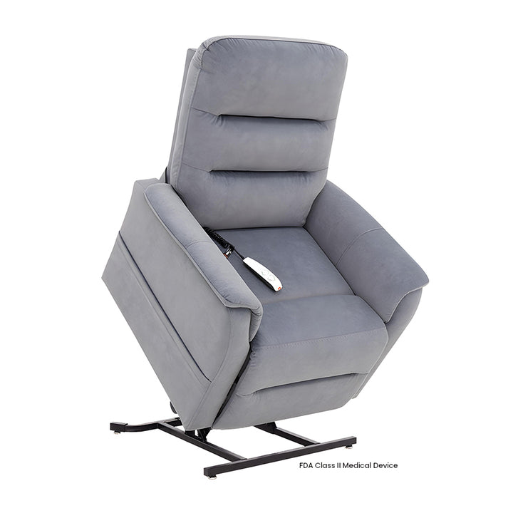 Mega Motion MM-4020 Arula Lift Chair in Dolphin upholstery shown in the lifted position from Wish Rock Relaxation.