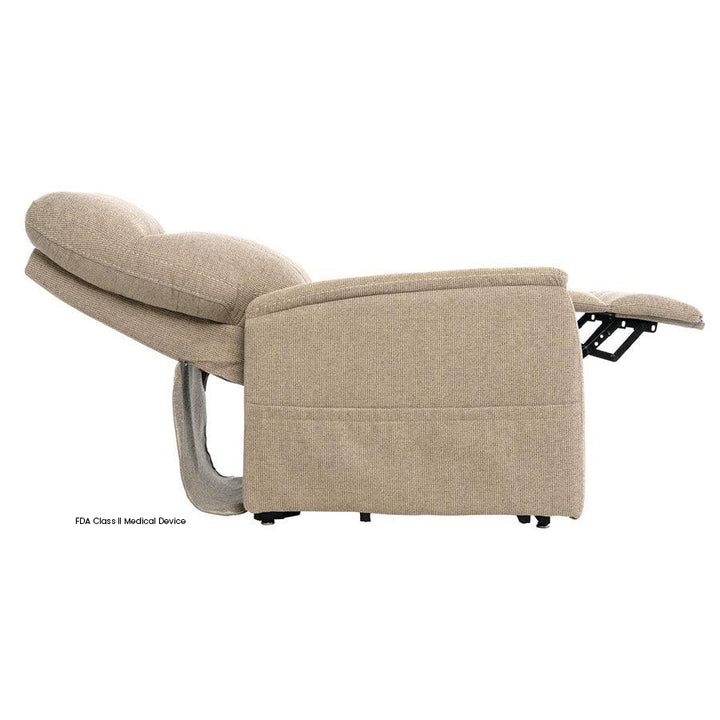 Mega Motion MM-6410 Benti Petite 3-Position Lift Chair in Latte Color side profile view shown fully reclined in a lay-flat sleep position.