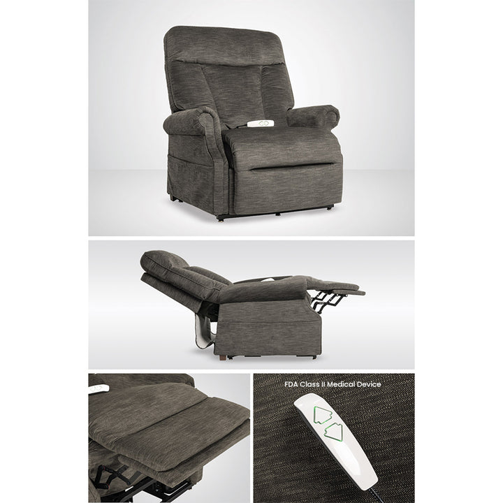 Mega Motion Bariatric MM-7305 Trio Tenacity Lift Chair in Pewter color collage of front view, side profile view fully reclined position. raised legrest, and the 2 button easy to use remote control 