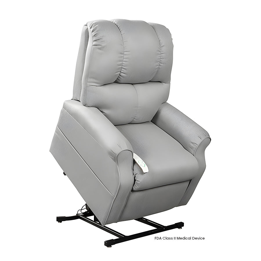 Mega Motion MM-2001 Pocono 3 Position Lift Chair in Cement upholstery shown in the lifted position from Wish Rock Relaxation.