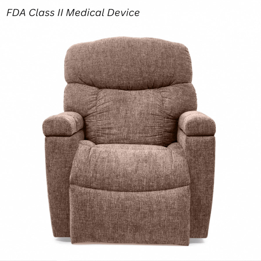 UltraComfort™ UC576 Alora Medium 5-Zone Power Lift Chair w/ Nirvana Heat-Massage in brown with plush upholstery and FDA Class II medical device labeling.
