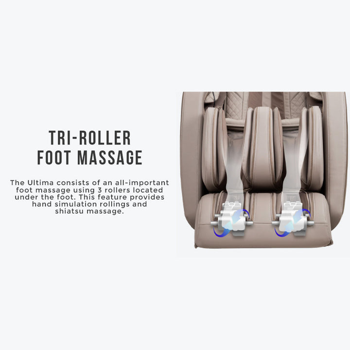 Osaki OP-4D Ultima Massage Chair in taupe showing tri-roller foot massage function