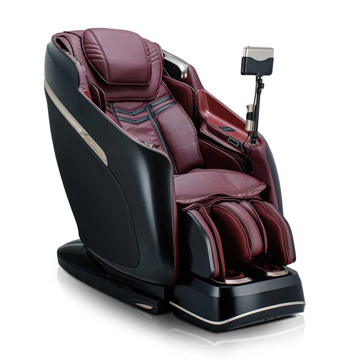 JPMedics KaZe Duo Massage Chair in black/burgundy leatherette with ergonomic padding and tablet control stand.
