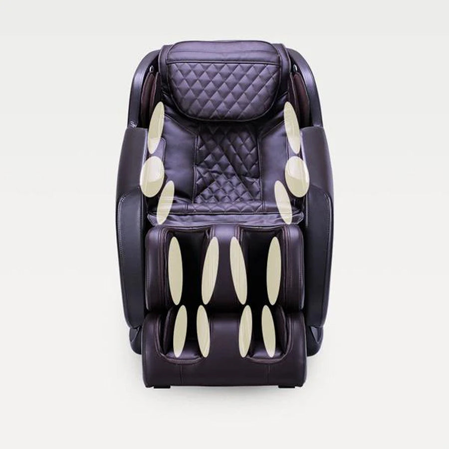 Ergotec ET-150 Neptune Massage Chair in dark brown showing 16 air massage locations across arms, legs, and calves.