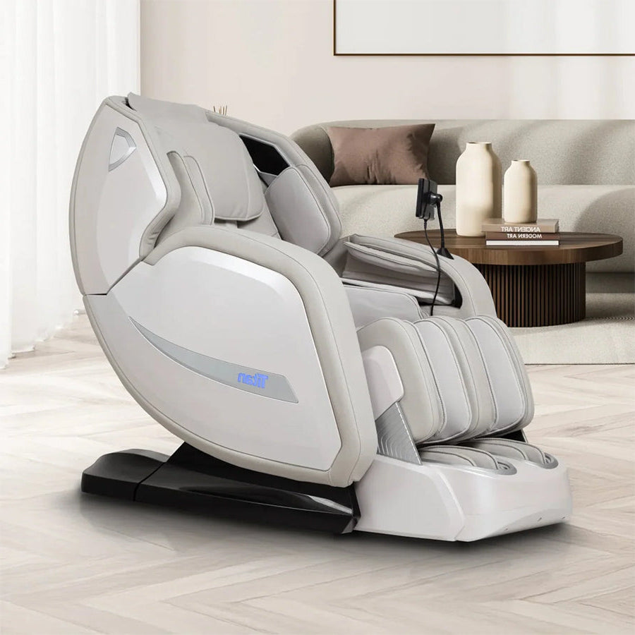 Titan 4D Advent Massage Chair in ivory from Wish Rock Relaxation shown in modern living room