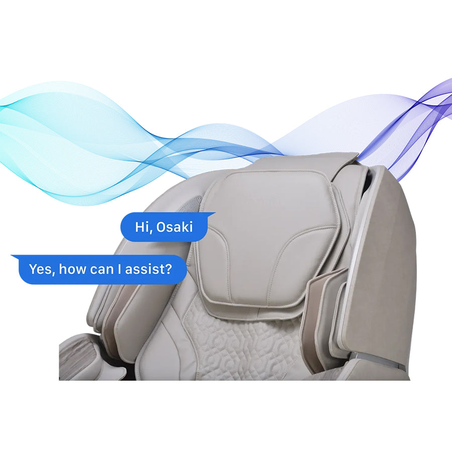 Osaki Manhattan Duo Mech 4D Massage Chair in taupe featuring voice control interaction with animated speech bubbles.