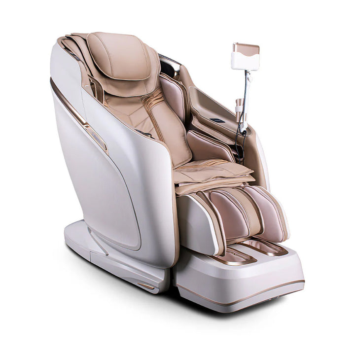 JPMedics KaZe Duo Massage Chair in beige/white leatherette with ergonomic padding and tablet control stand.
