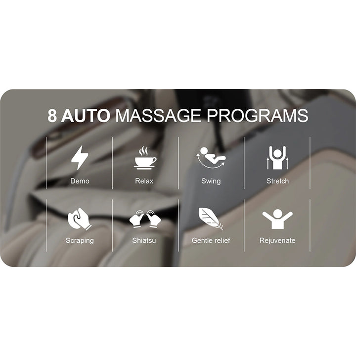 Osaki OS-Pro 4D Emperor Massage Chair highlighting 8 auto massage programs including relax, swing, and stretch from Wish Rock Relaxation.