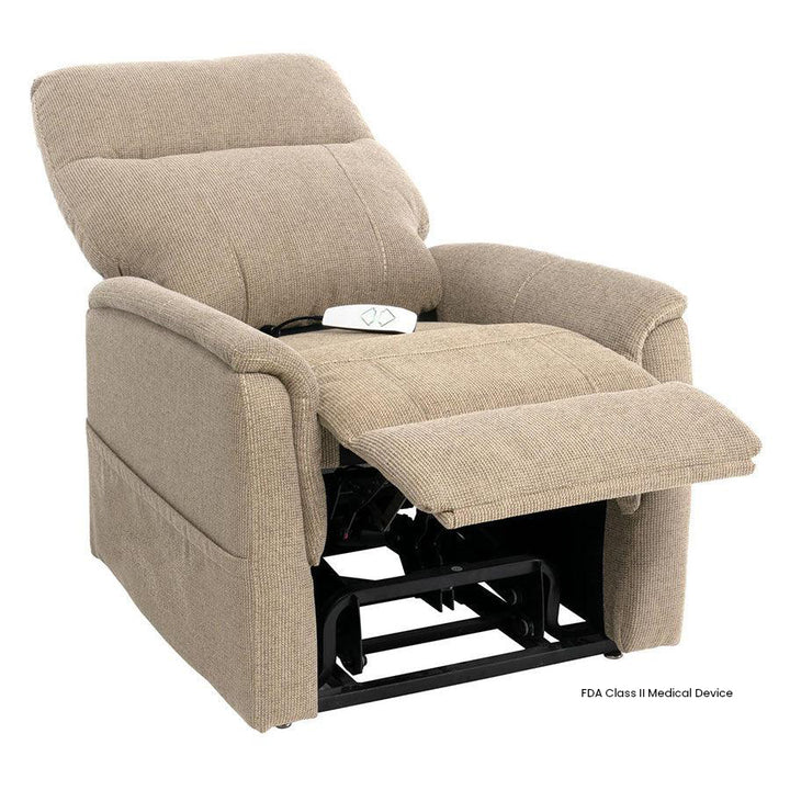 Mega Motion MM-6410 Benti Petite 3-Position Lift Chair in Latte color shown fully reclined in a lay-flat sleep position.