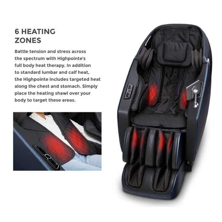 Osaki OS-Highpointe 4D Massage Chair in blue with red highlights illustrating six heating zones  from Wish Rock Relaxation.