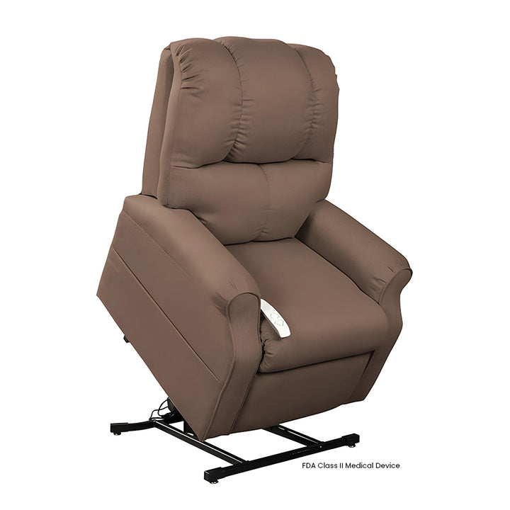 Mega Motion MM-2001 Pocono 3 Position Lift Chair in Chocolate upholstery shown in the lifted position