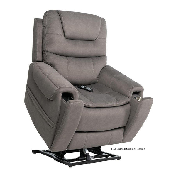 Mega Motion MM-3900 Arula Large Infinite Position Lift and Tilt Chair in Elephant upholstery shown in the lifted position showcasing the hidden cup holder and storage