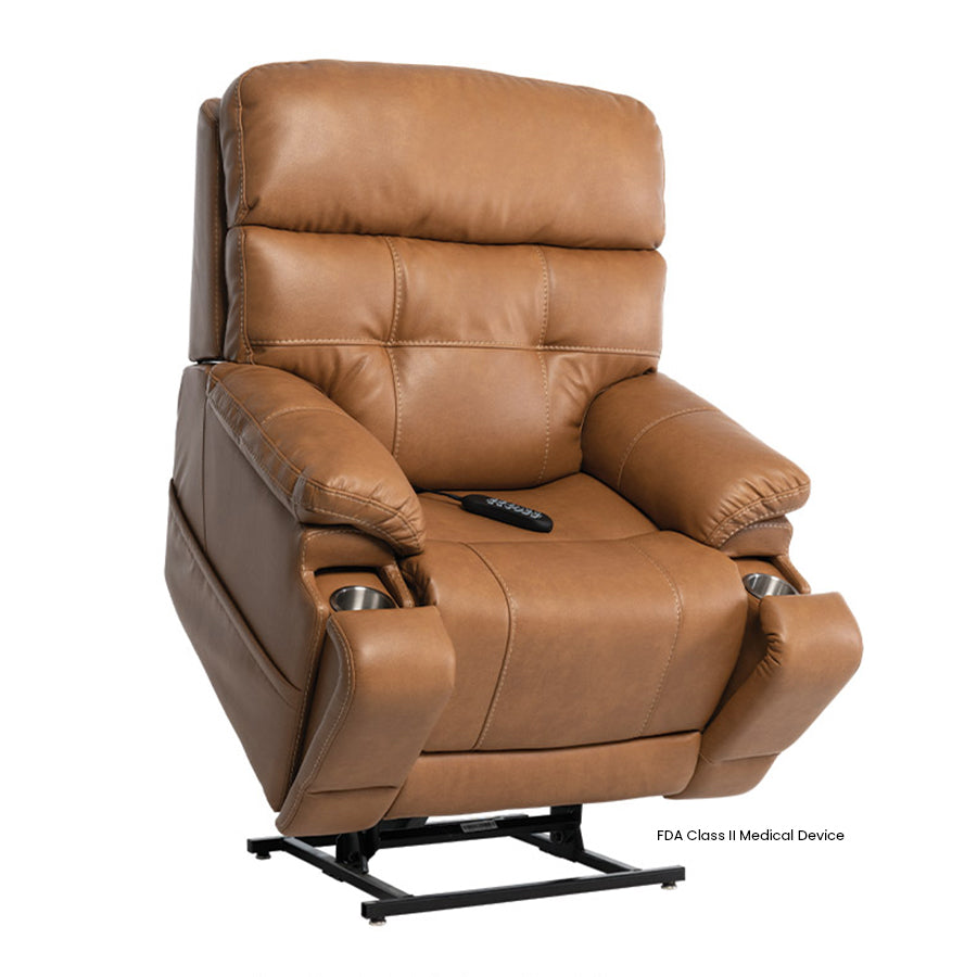 Mega Motion MM-3815 Capriccio Large Infinite  Position Lift Chair in Saddle upholstery shown in the lifted position showcasing the hidden cup holders