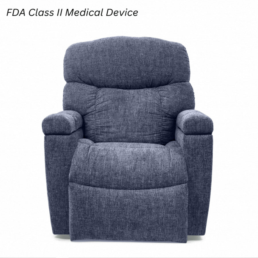 UltraComfort™ UC576 Alora Medium 5-Zone Power Lift Chair w/ Nirvana Heat-Massage in midnight with plush upholstery and FDA Class II medical device labeling.