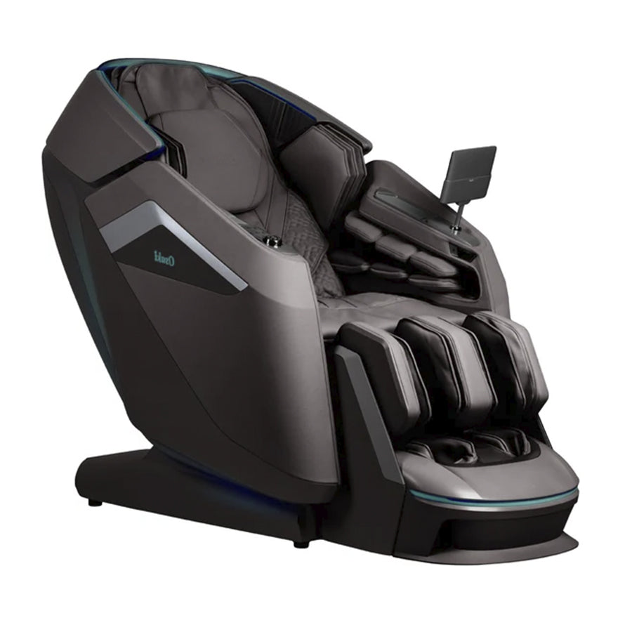 Osaki Ai Apex Duo 5D+4D Massage Chair in brown shown in reclined position with touchscreen panel from Wish Rock Relaxation.