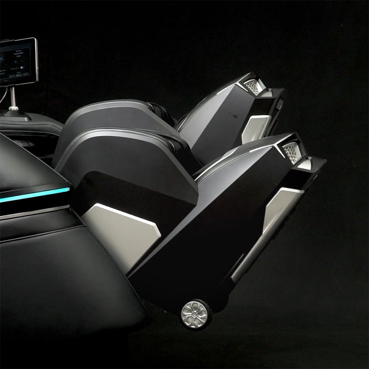 Osaki Trion Flex Duo 4D+3D Massage Chair in black. Side view showing adjustable footrest extension with sleek modern design.