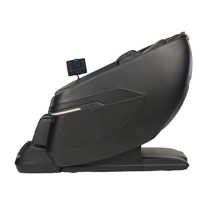 Kyota Zenyu M338 Massage Chair in black with contoured armrests, tablet mount, and foot massage area.