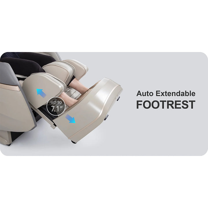 Osaki OS-Pro 4D Emperor Massage Chair inTaupe/Gray showing auto extendable footrest with up to 7.1 inches of range.