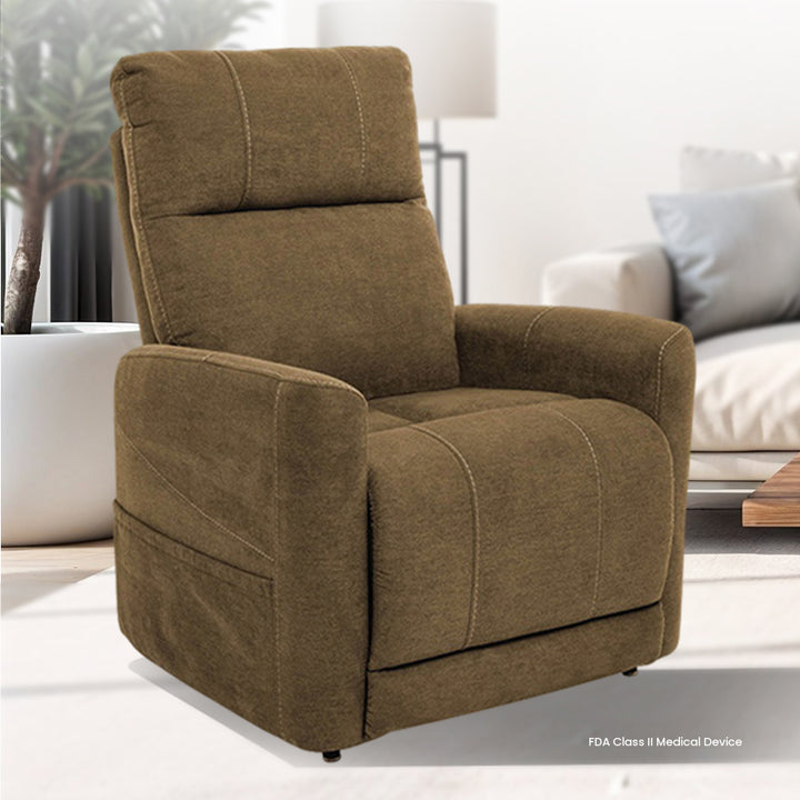 Mega Motion MM-3615 Trio Invigorate 3 Position Lift Chair in Earth color; Lifestyle image in a neat and tidy room from Wish Rock Relaxation