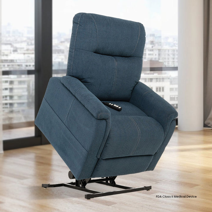 Mega Motion MM-3620 Trio Invigorate Dynamo Lift Chair in Indigo color; Lifestyle image in an inviting vibe from Wish Rock Relaxation