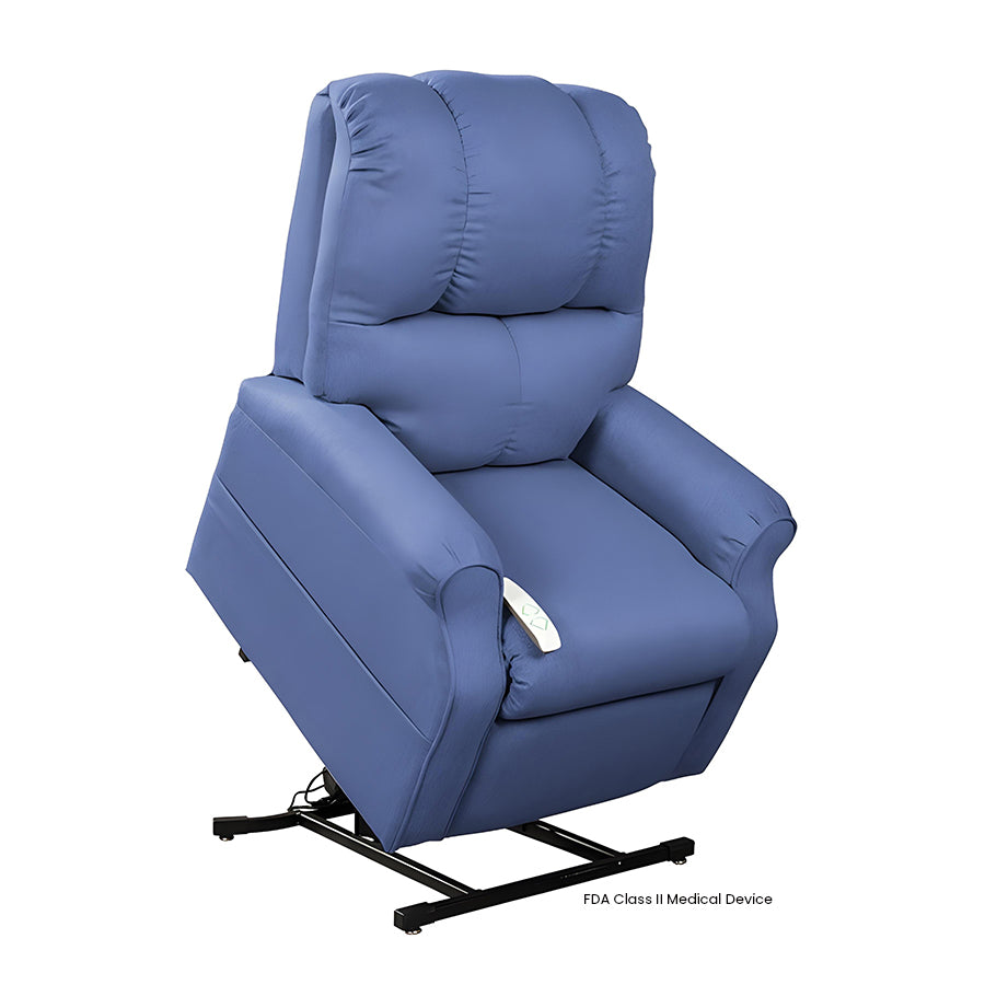 Mega Motion MM-2001 Pocono 3 Position Lift Chair in Midnight upholstery shown in the lifted position