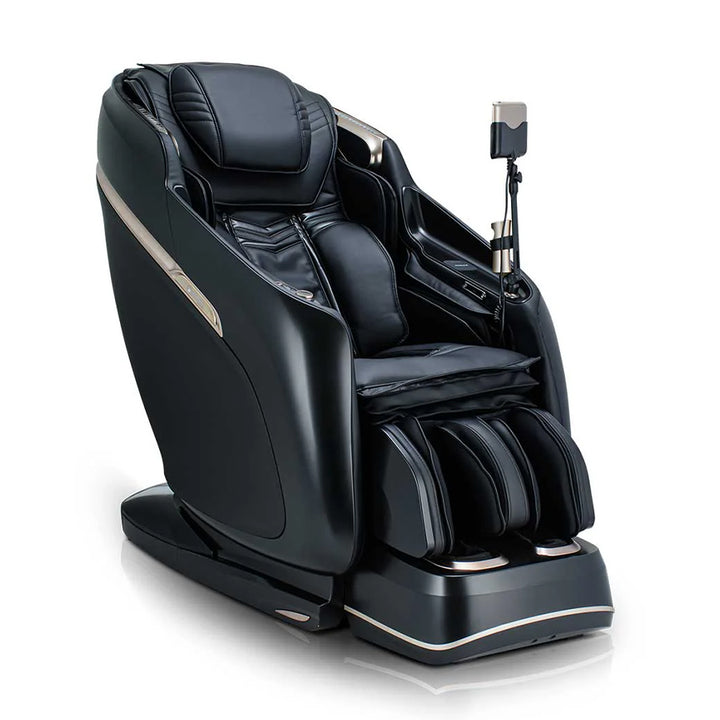 JPMedics KaZe Duo Massage Chair in black leatherette with ergonomic padding and tablet control stand.