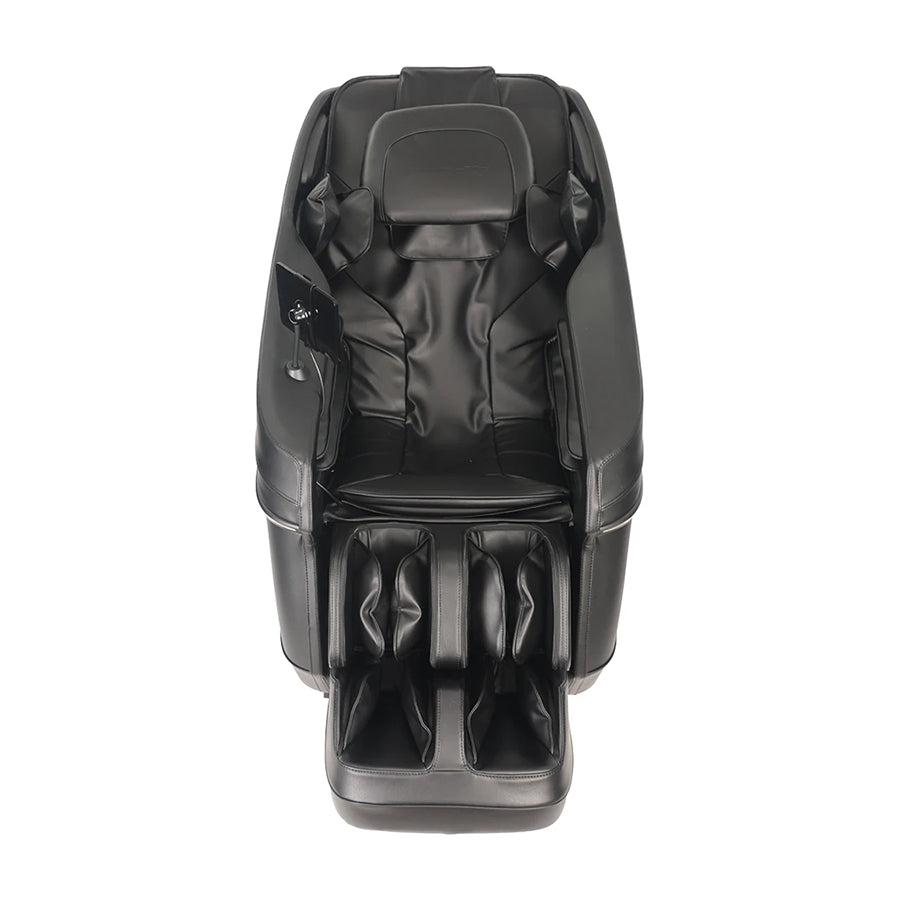 Kyota Zenyu M338 Massage Chair in black with tablet mount, side LEDs, and full foot and calf massage setup from Wish Rock Relaxation.
