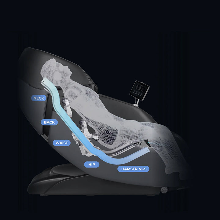 Osaki Trion Flex Duo 4D+3D Massage Chair in black. Illustration of L-track massage system targeting neck to hamstrings.
