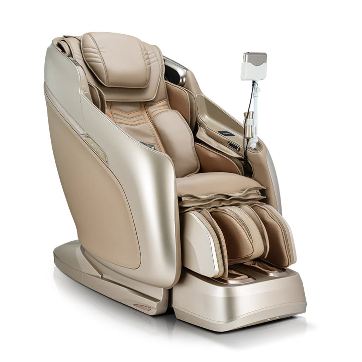 JPMedics KaZe Duo Massage Chair in beige/champagne leatherette with ergonomic padding and tablet control stand.