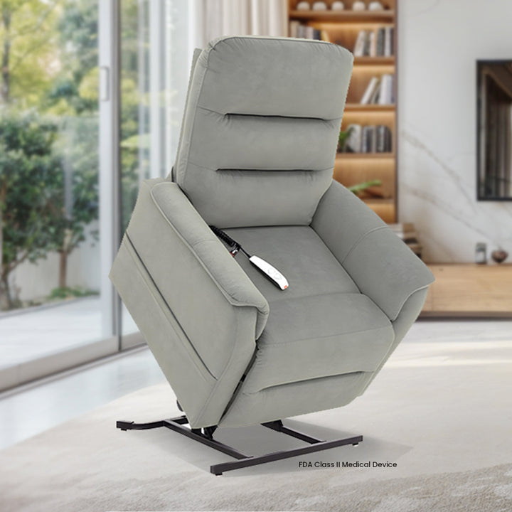 Mega Motion MM-4020 Arula Lift Chair in Dove Color; Lifestyle image set in a tidy, inviting room from Wish Rock Relaxation