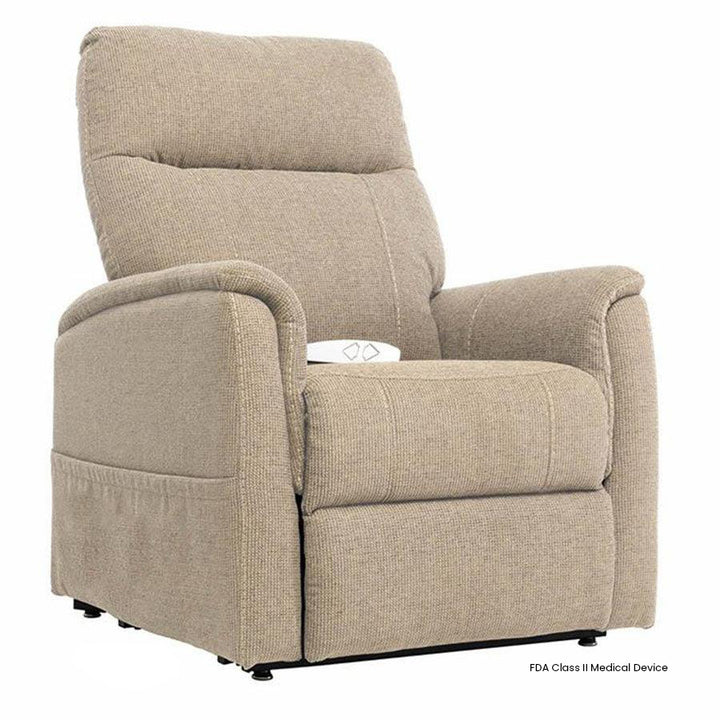 Mega Motion MM-6410 Benti Petite 3-Position Lift Chair in Latte color shown in an upright seated position.