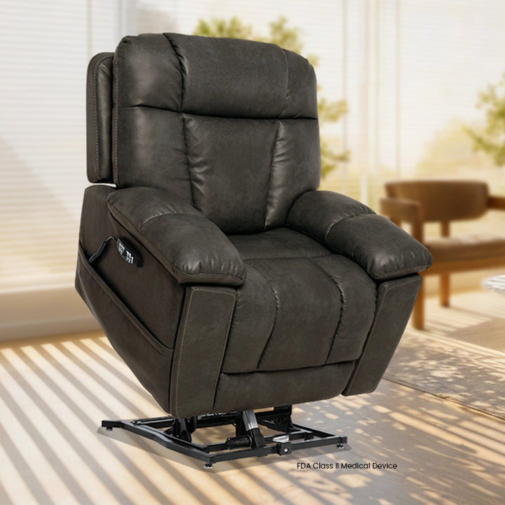Mega Motion MM-8945 iNFI IMMERSE Lift Chair in smoke leatherette in lifted position, from Wish Rock Relaxation