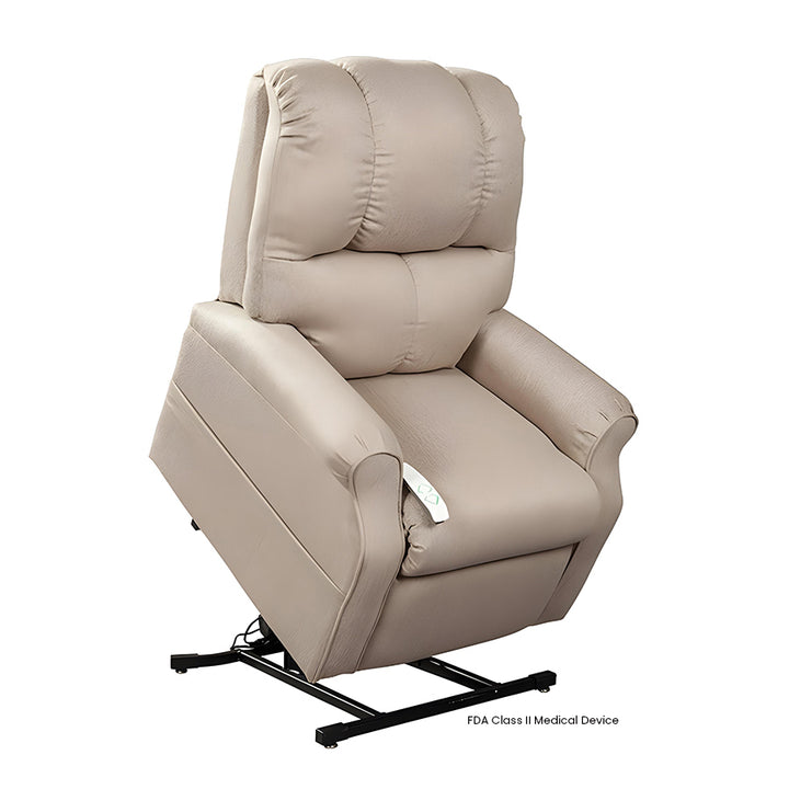 Mega Motion MM-2001 Pocono 3 Position Lift Chair in Portobello upholstery shown in the lifted position