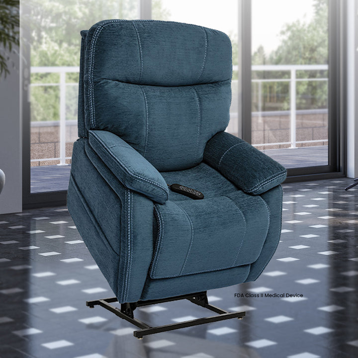 Mega Motion MM-3710 iNFI ELITE Lay-Flat Infinite Position Lift Chair in Navy color; Lifestyle image in a spacious room from Wish Rock Relaxation