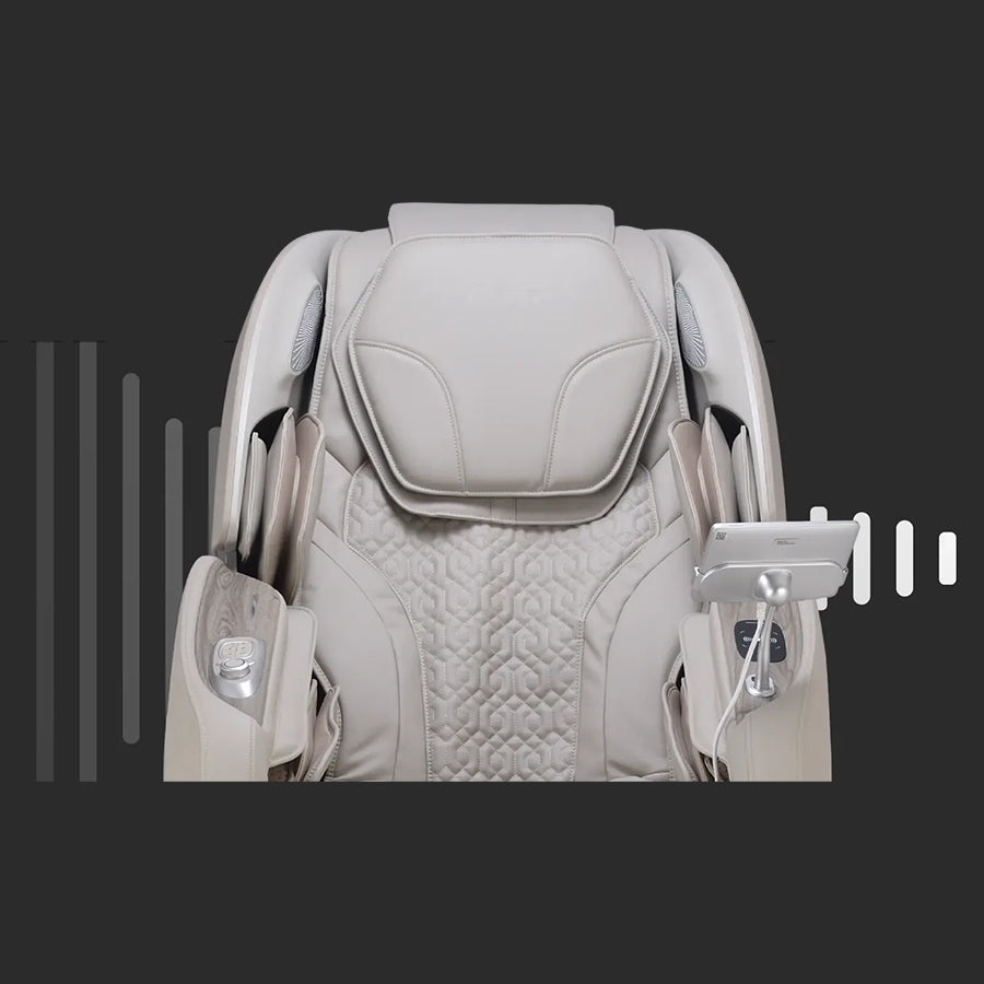 Osaki Manhattan Duo Mech 4D Massage Chair in taupe with close-up of touchscreen, side controls, and premium stitching.