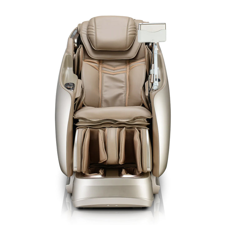 JPMedics KaZe Duo Massage Chair in beige/champagne front-facing view of the showcasing plush cushioning and foot massage section.