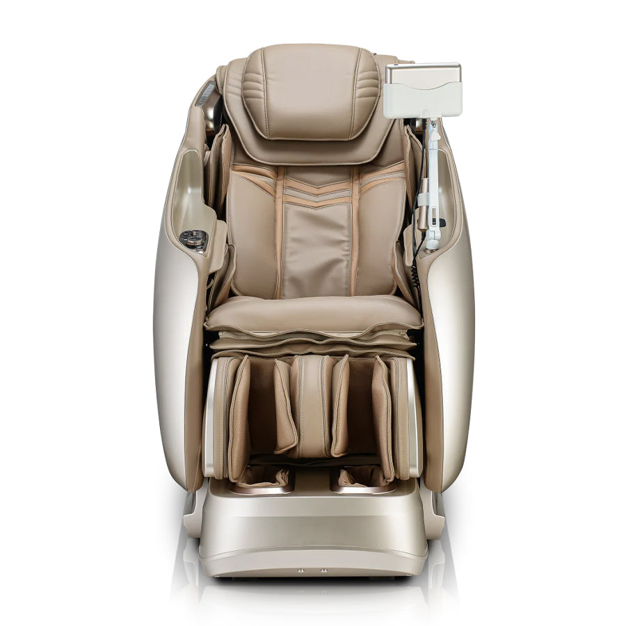 JPMedics KaZe Duo Massage Chair in beige/champagne front-facing view of the showcasing plush cushioning and foot massage section.