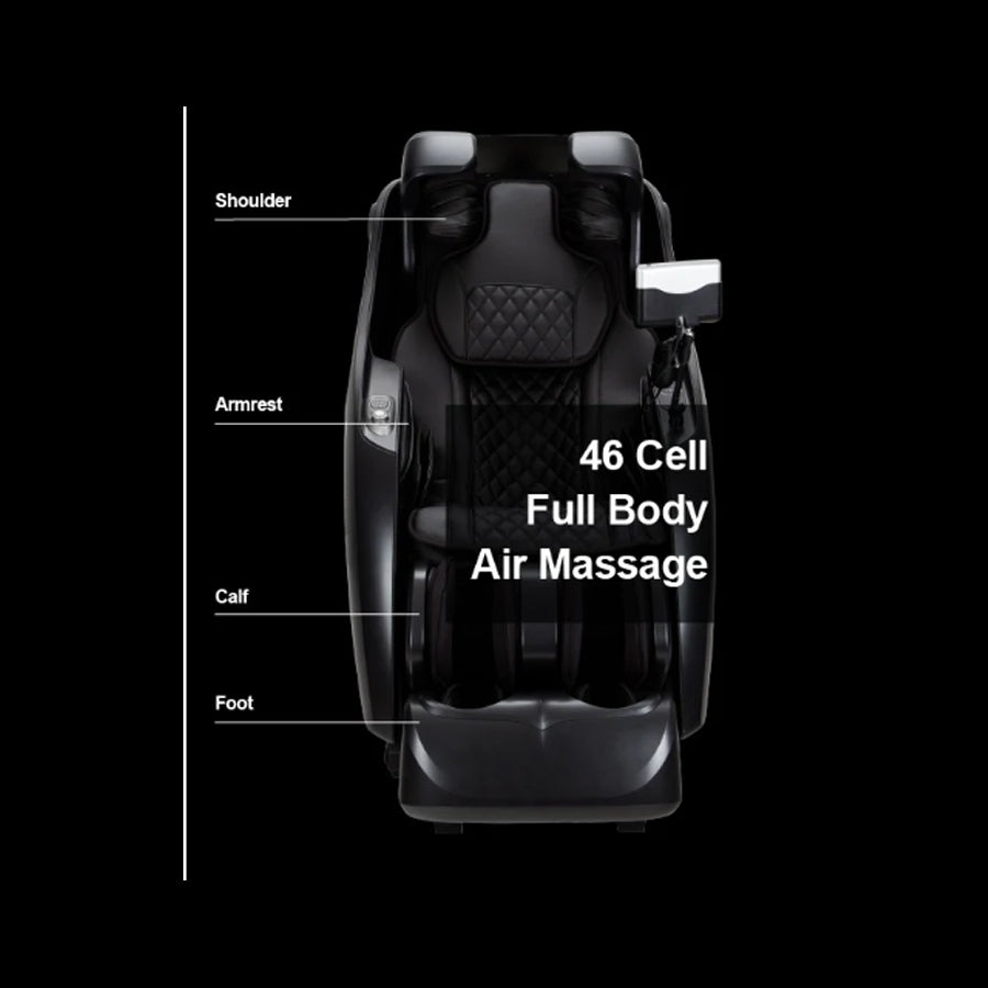 Osaki OP-4D Master Massage Chair in black with labeled 46-cell full body air massage system.