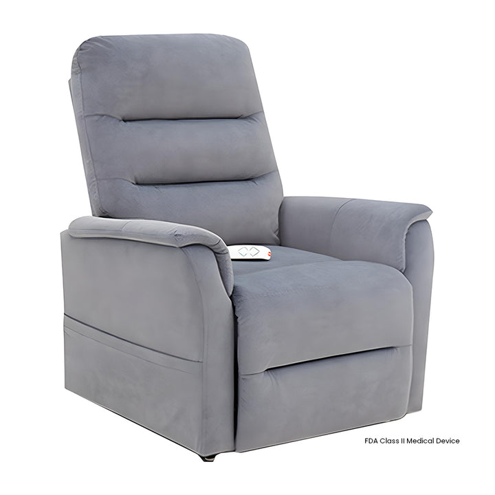 Mega Motion MM-4020 Arula Lift Chair in Dolphin color shown in an upright seated position.