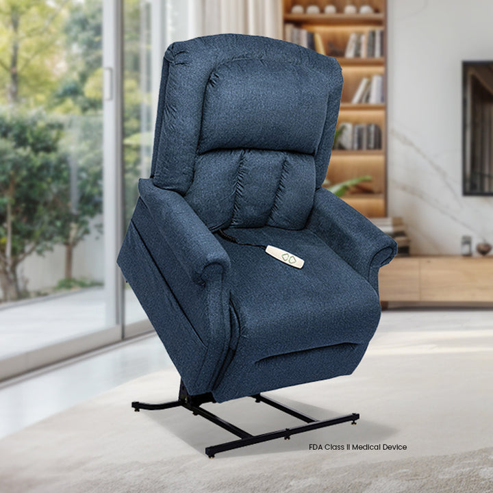 Mega Motion MM-7001 Vance 3 Position XL Lift Chair in Blue Color; Lifestyle image in an aesthetic space from Wish Rock Relaxation