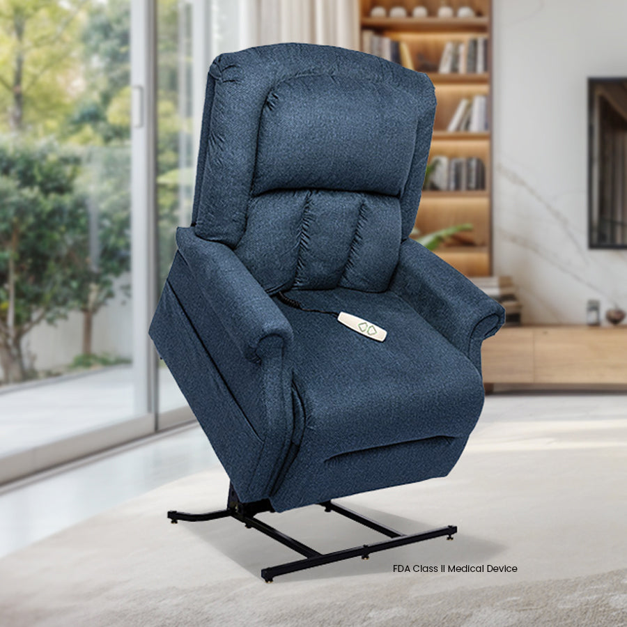 Mega Motion MM-7001 Vance 3 Position XL Lift Chair in Blue Color; Lifestyle image in an aesthetic space from Wish Rock Relaxation